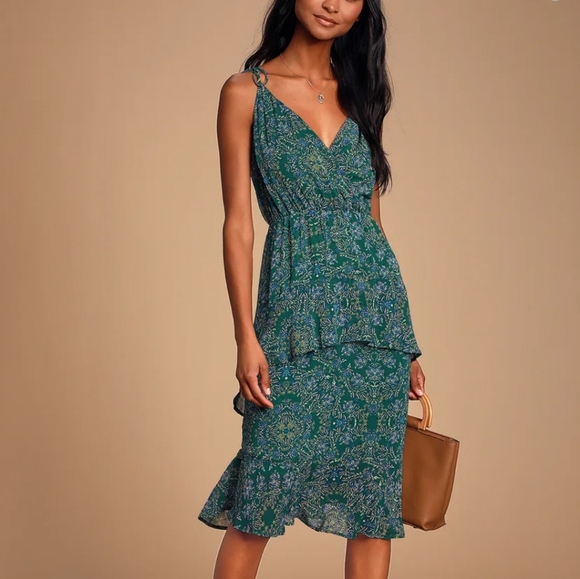 Lulus Dresses & Skirts - New Lulu's Luvablle Lucille Green Floral Print Chiffon Midi Dress